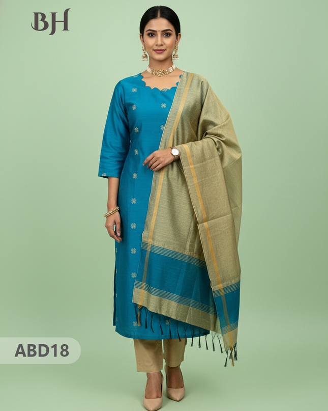 Raw Silk 3-Piece Kurti Set with Cut Work Neck Design in Sky Blue Colour | Full-Length Lined Kurti with Gold Dupatta