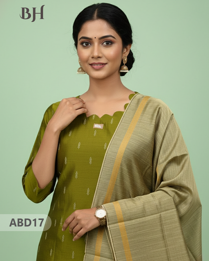 Raw Silk 3-Piece Kurti Set with Cut Work Neck Design in Green Colour | Full-Length Lined Kurti with Gold Dupatta