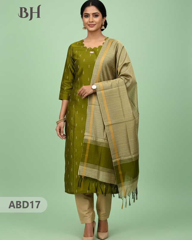 Raw Silk 3-Piece Kurti Set with Cut Work Neck Design in Green Colour | Full-Length Lined Kurti with Gold Dupatta
