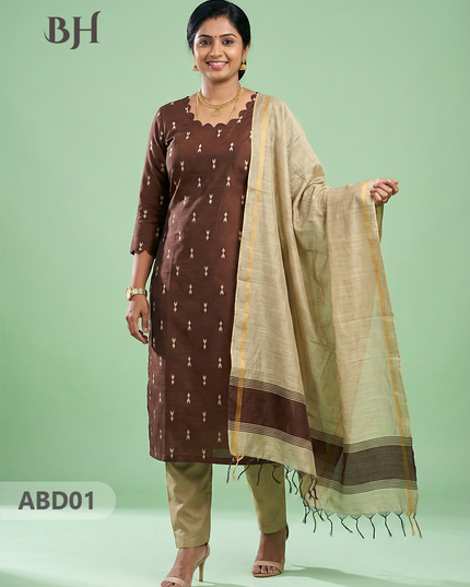 Raw Silk 3-Piece Kurti Set with Cut Work Neck Design in Brown Colour | Full-Length Lined Kurti with Gold Dupatta