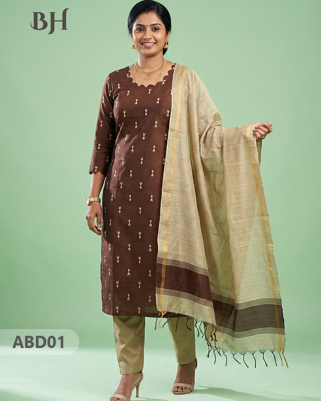 Raw Silk 3-Piece Kurti Set with Cut Work Neck Design in Brown Colour | Full-Length Lined Kurti with Gold Dupatta