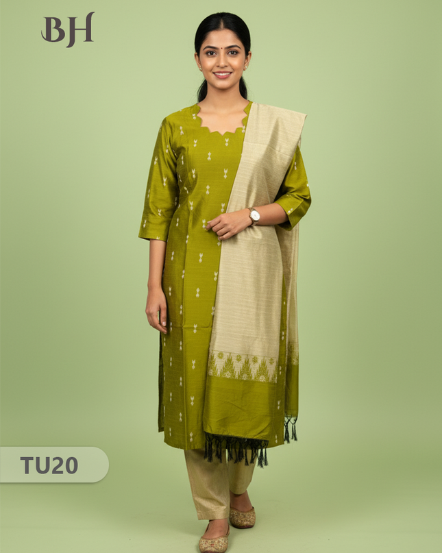 Raw Silk 3-Piece Kurti Set with Cut Work Neck Design in Green Colour | Full-Length Lined Kurti with Gold Dupatta