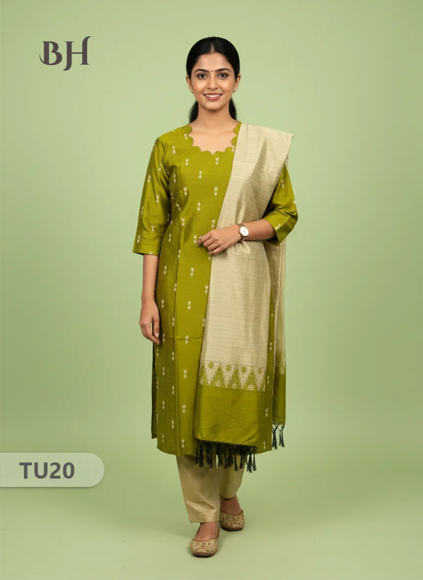 Raw Silk 3-Piece Kurti Set with Cut Work Neck Design in Green Colour | Full-Length Lined Kurti with Gold Dupatta
