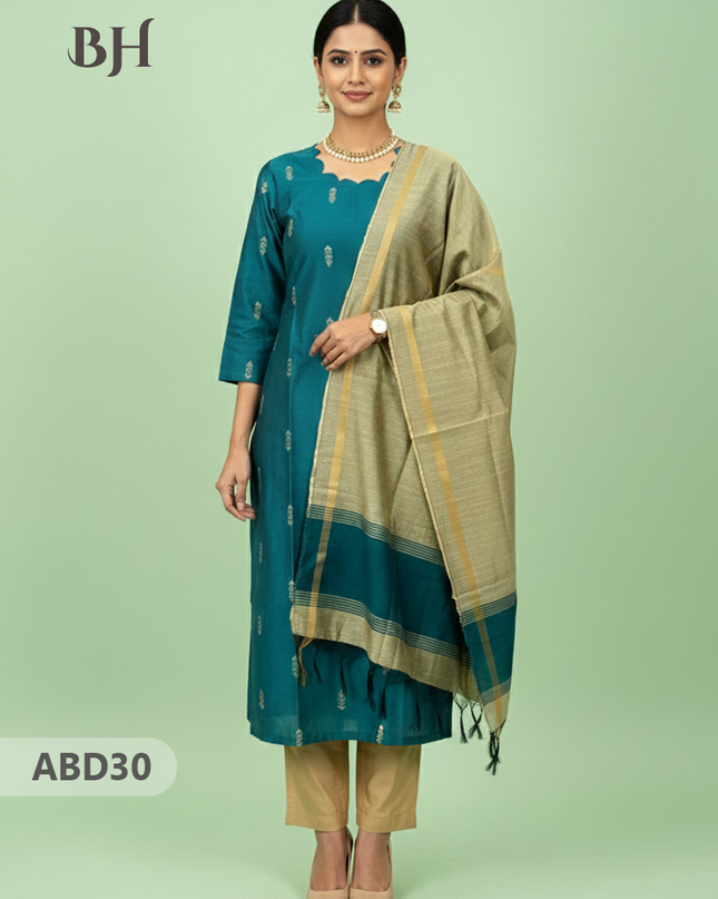 Raw Silk 3-Piece Kurti Set with Cut Work Neck Design in Sea Blue Colour | Full-Length Lined Kurti with Gold Dupatta