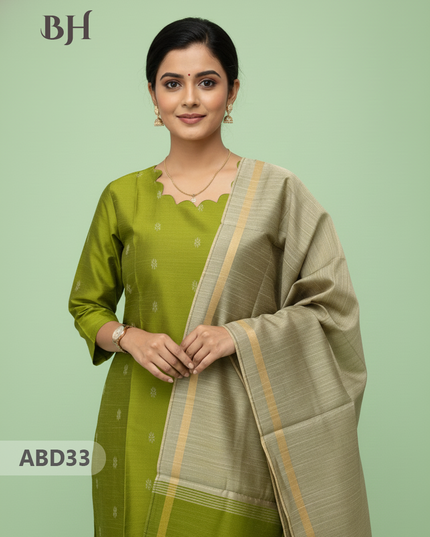 Raw Silk 3-Piece Kurti Set with Cut Work Neck Design in Green Colour | Full-Length Lined Kurti with Gold Dupatta