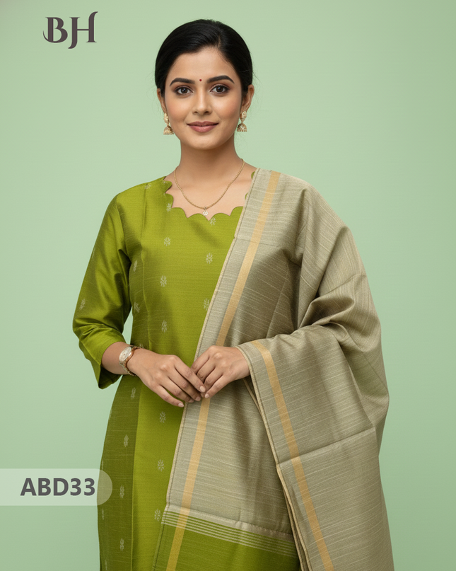 Raw Silk 3-Piece Kurti Set with Cut Work Neck Design in Green Colour | Full-Length Lined Kurti with Gold Dupatta