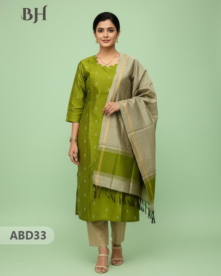 Raw Silk 3-Piece Kurti Set with Cut Work Neck Design in Green Colour | Full-Length Lined Kurti with Gold Dupatta