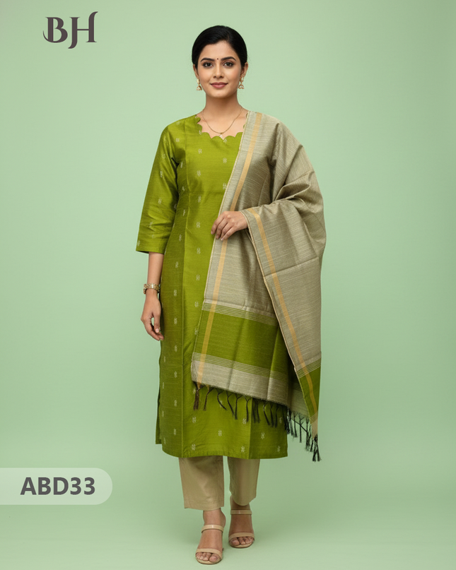 Raw Silk 3-Piece Kurti Set with Cut Work Neck Design in Green Colour | Full-Length Lined Kurti with Gold Dupatta