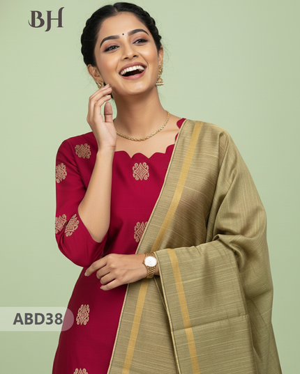 Raw Silk 3-Piece Kurti Set with Cut Work Neck Design in Pink Colour | Full-Length Lined Kurti with Gold Dupatta