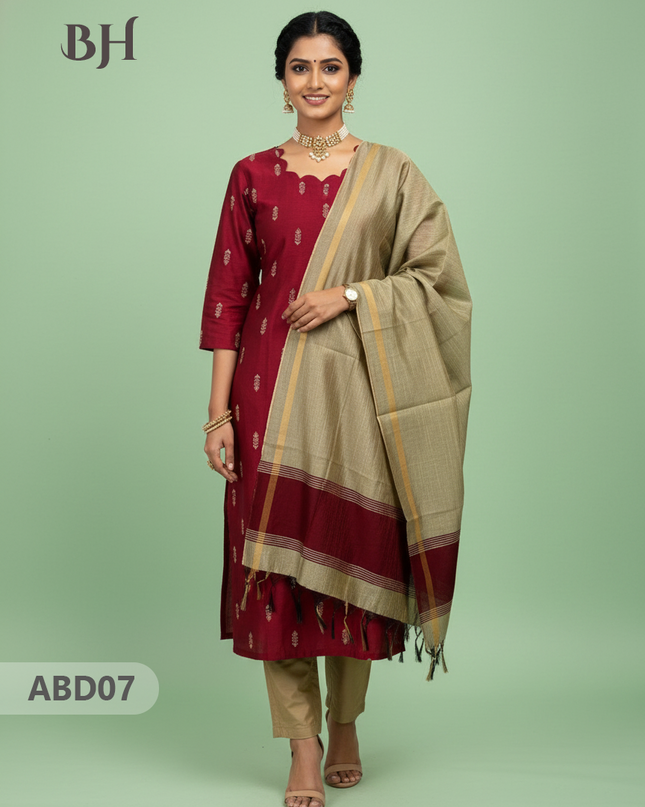 Raw Silk 3-Piece Kurti Set with Cut Work Neck Design in Red Colour | Full-Length Lined Kurti with Gold Dupatta