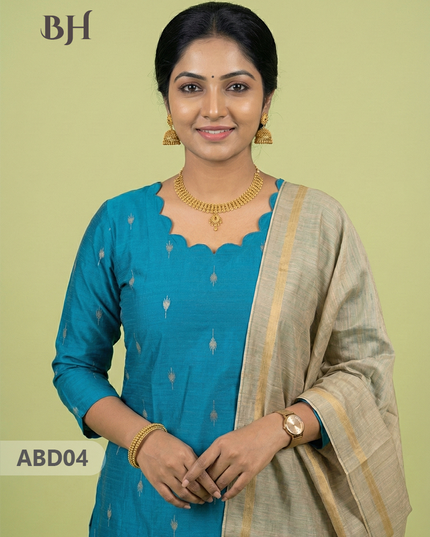 Raw Silk 3-Piece Kurti Set with Cut Work Neck Design in Sky Blue Colour | Full-Length Lined Kurti with Gold Dupatta