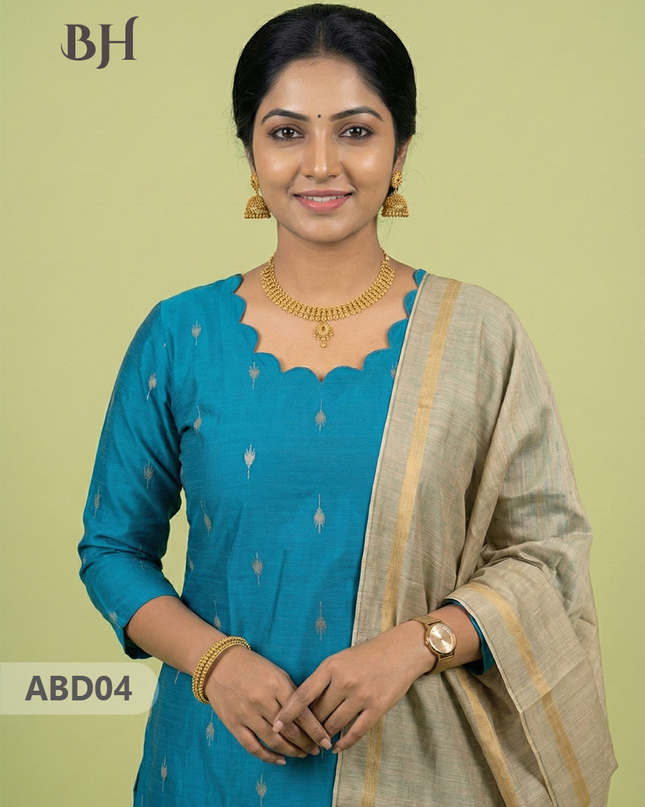 Raw Silk 3-Piece Kurti Set with Cut Work Neck Design in Sky Blue Colour | Full-Length Lined Kurti with Gold Dupatta