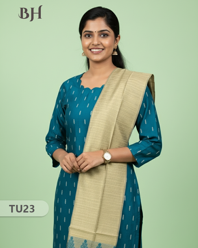 Raw Silk 3-Piece Kurti Set with Cut Work Neck Design in Sea Blue Colour | Full-Length Lined Kurti with Gold Dupatta