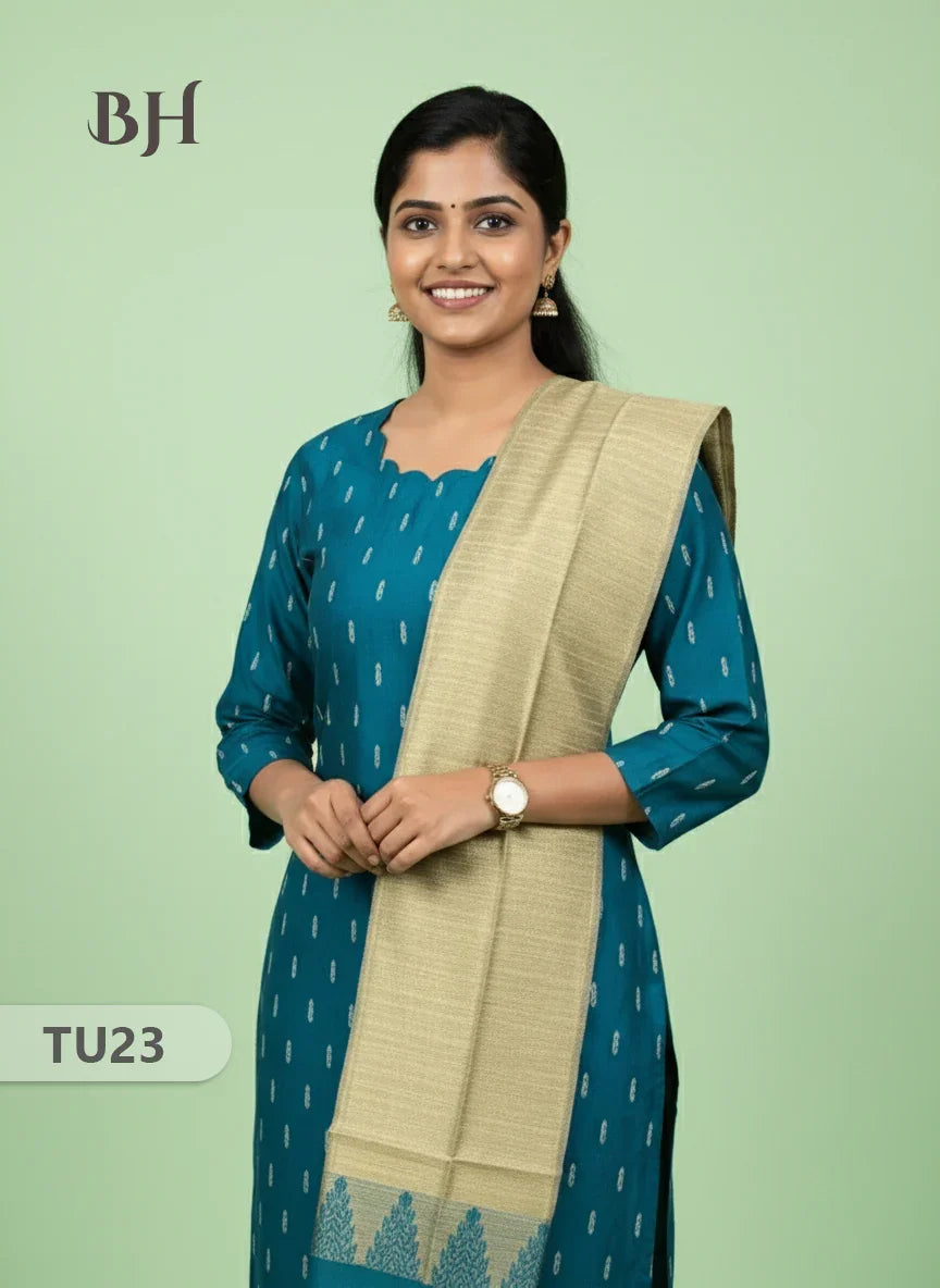 Raw Silk 3-Piece Kurti Set with Cut Work Neck Design in Sea Blue Colour | Full-Length Lined Kurti with Gold Dupatta