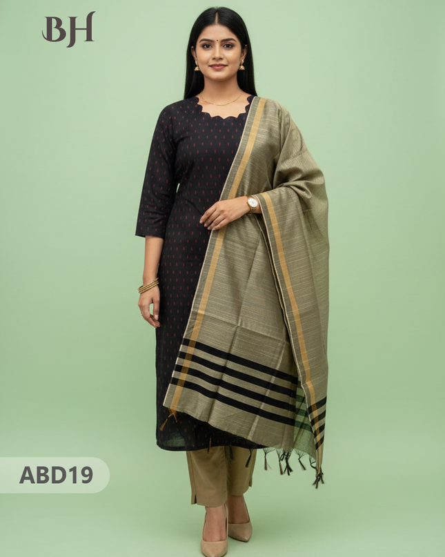 Raw Silk 3-Piece Kurti Set with Cut Work Neck Design in Black Colour | Full-Length Lined Kurti with Gold Dupatta