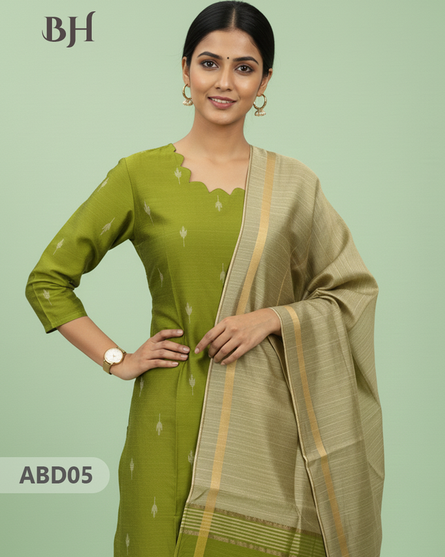 Raw Silk 3-Piece Kurti Set with Cut Work Neck Design in Green Colour | Full-Length Lined Kurti with Gold Dupatta