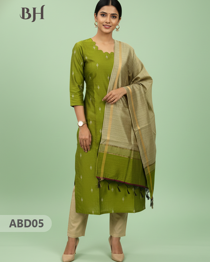 Raw Silk 3-Piece Kurti Set with Cut Work Neck Design in Green Colour | Full-Length Lined Kurti with Gold Dupatta