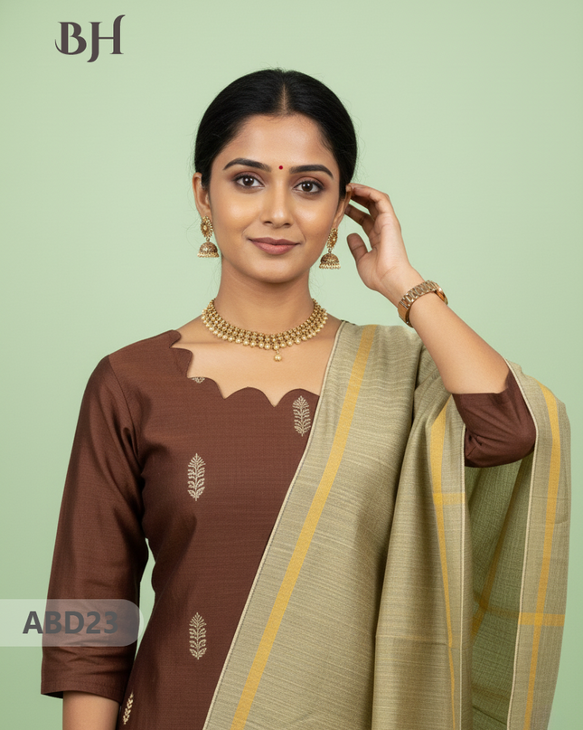Raw Silk 3-Piece Kurti Set with Cut Work Neck Design in Brown Colour | Full-Length Lined Kurti with Gold Dupatta