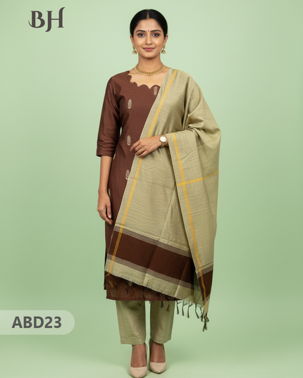 Raw Silk 3-Piece Kurti Set with Cut Work Neck Design in Brown Colour | Full-Length Lined Kurti with Gold Dupatta