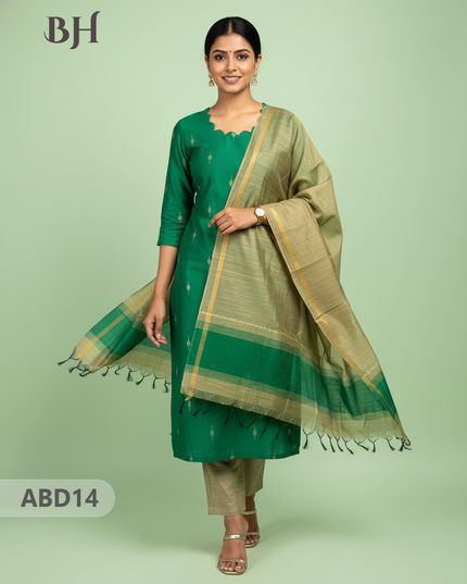 Raw Silk 3-Piece Kurti Set with Cut Work Neck Design in Sea Green Colour | Full-Length Lined Kurti with Gold Dupatta