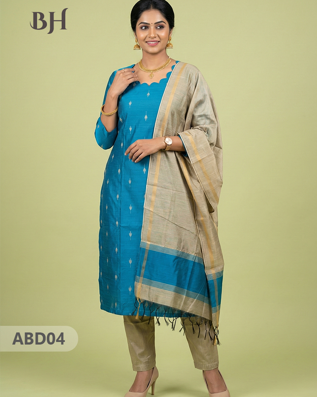 Raw Silk 3-Piece Kurti Set with Cut Work Neck Design in Sky Blue Colour | Full-Length Lined Kurti with Gold Dupatta