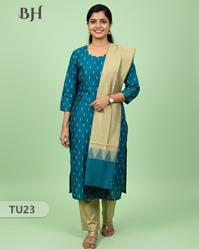 Raw Silk 3-Piece Kurti Set with Cut Work Neck Design in Sea Blue Colour | Full-Length Lined Kurti with Gold Dupatta