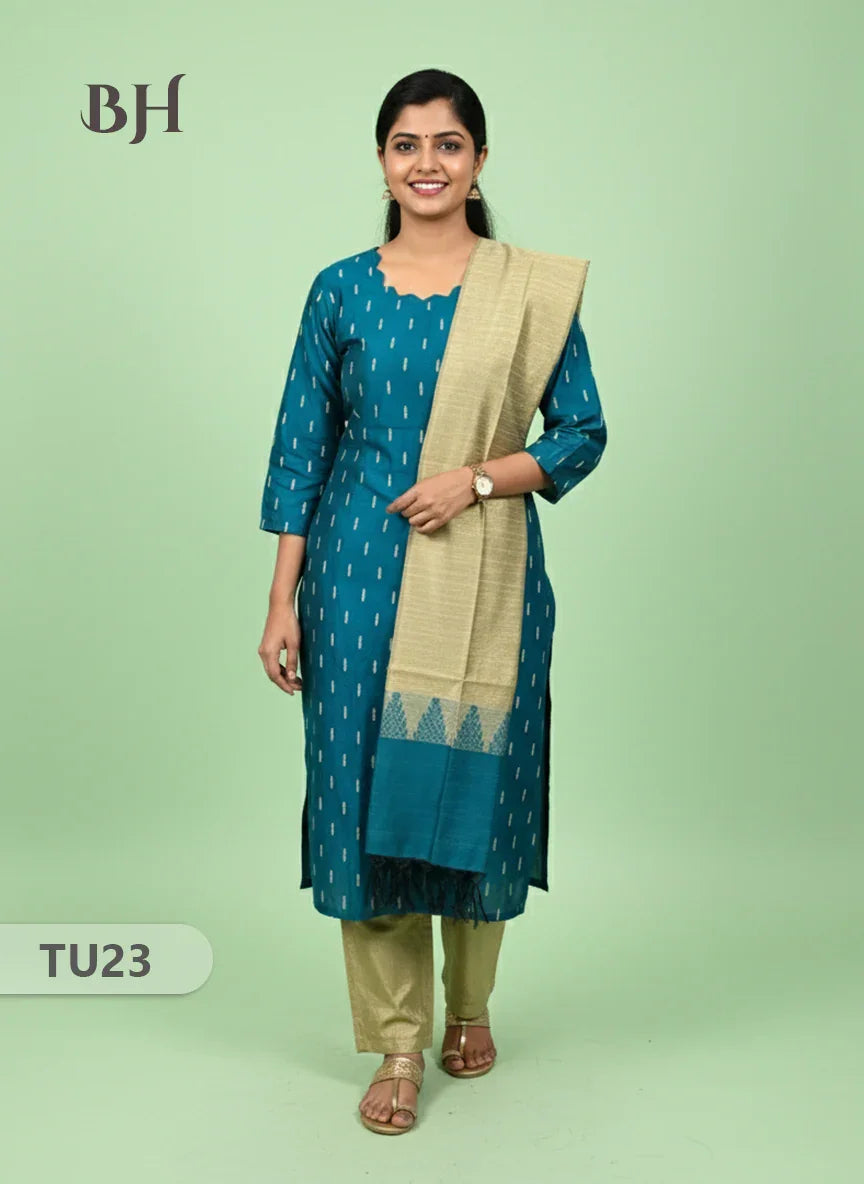 Raw Silk 3-Piece Kurti Set with Cut Work Neck Design in Sea Blue Colour | Full-Length Lined Kurti with Gold Dupatta