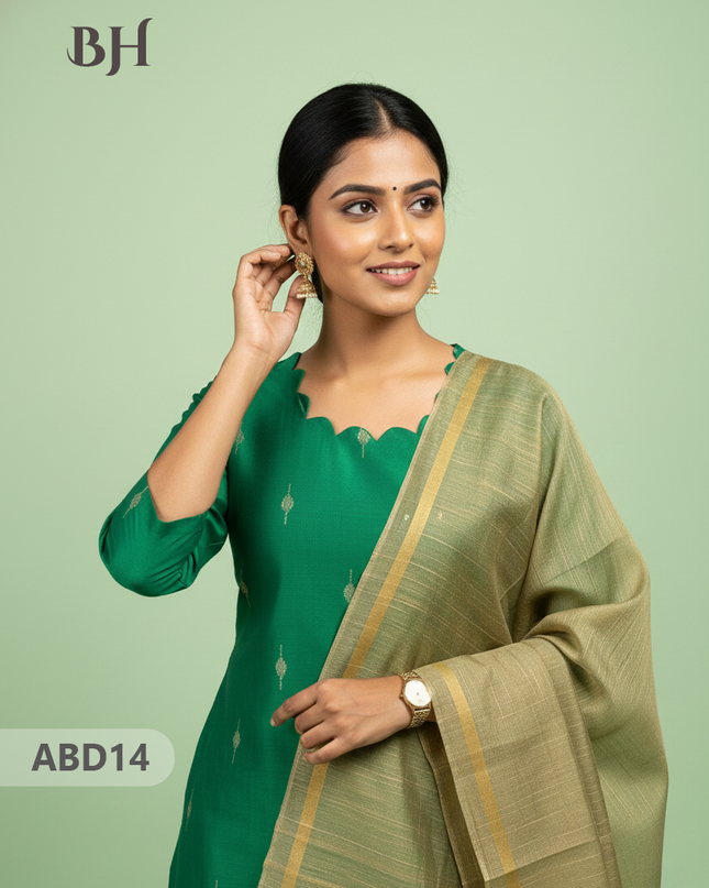 Raw Silk 3-Piece Kurti Set with Cut Work Neck Design in Sea Green Colour | Full-Length Lined Kurti with Gold Dupatta