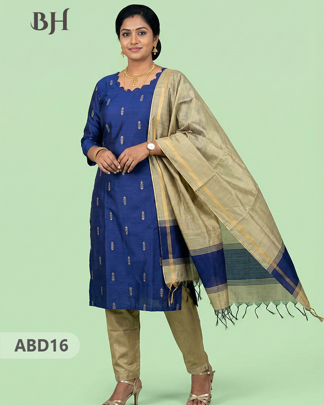 Raw Silk 3-Piece Kurti Set with Cut Work Neck Design in Dark Blue Colour | Full-Length Lined Kurti with Gold Dupatta