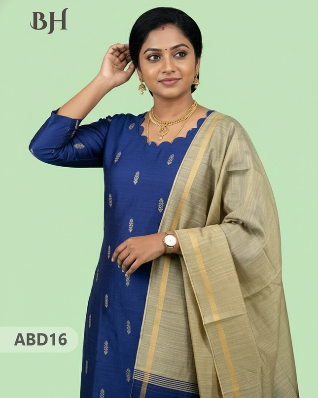 Raw Silk 3-Piece Kurti Set with Cut Work Neck Design in Dark Blue Colour | Full-Length Lined Kurti with Gold Dupatta