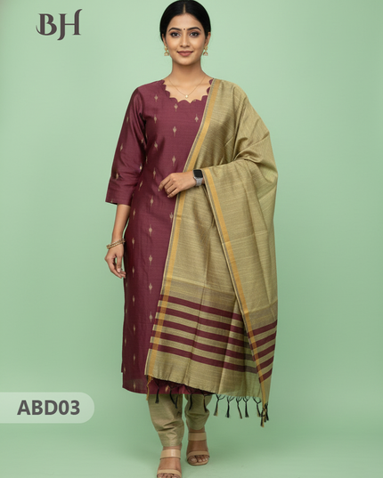 Raw Silk 3-Piece Kurti Set with Cut Work Neck Design in Onion Pink Colour | Full-Length Lined Kurti with Gold Dupatta