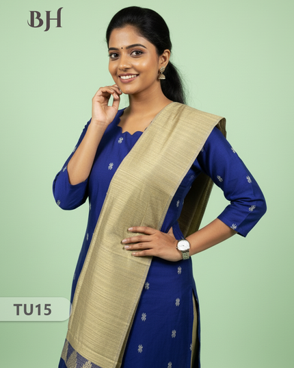 Raw Silk 3-Piece Kurti Set with Cut Work Neck Design in Blue Colour | Full-Length Lined Kurti with Gold Dupatta