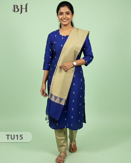 Raw Silk 3-Piece Kurti Set with Cut Work Neck Design in Blue Colour | Full-Length Lined Kurti with Gold Dupatta