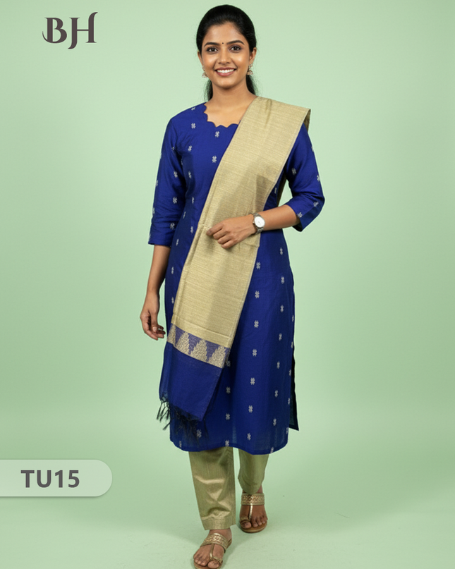 Raw Silk 3-Piece Kurti Set with Cut Work Neck Design in Blue Colour | Full-Length Lined Kurti with Gold Dupatta