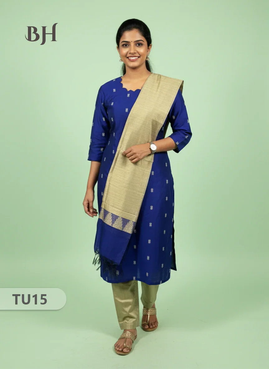 Raw Silk 3-Piece Kurti Set with Cut Work Neck Design in Blue Colour | Full-Length Lined Kurti with Gold Dupatta
