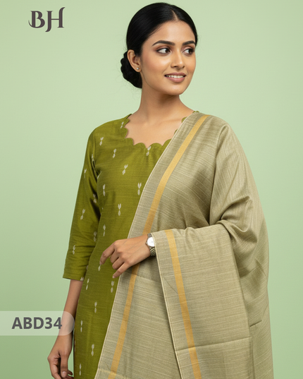 Raw Silk 3-Piece Kurti Set with Cut Work Neck Design in Light Green Colour | Full-Length Lined Kurti with Gold Dupatta