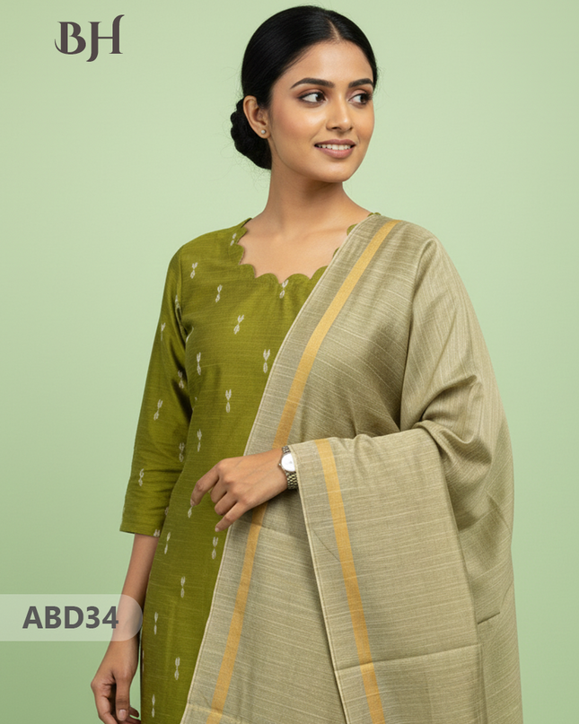 Raw Silk 3-Piece Kurti Set with Cut Work Neck Design in Light Green Colour | Full-Length Lined Kurti with Gold Dupatta