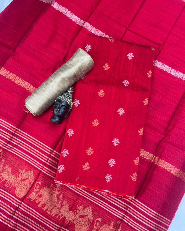 Premium Dark Red Raw Silk 3PC Unstitched Dress Material for Women