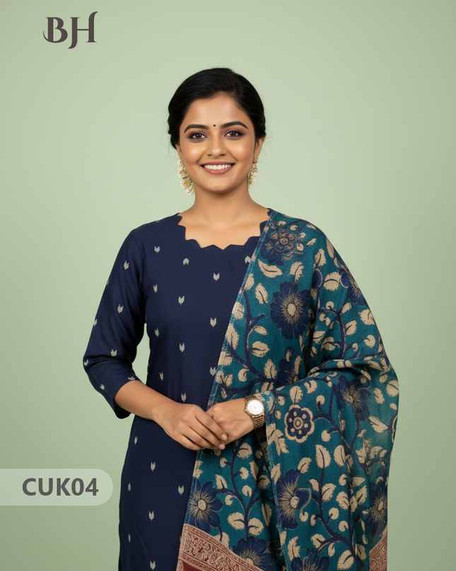 Raw Silk 3-Piece Kurti Set with Cut Work Neck Design in Navy Blue Colour | Full-Length Lined Kurti with Kalamkari Dupatta