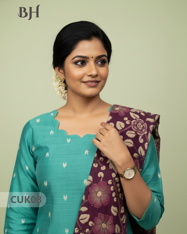 Raw Silk 3-Piece Kurti Set with Cut Work Neck Design in Light Sea Green Colour | Full-Length Lined Kurti with Kalamkari Dupatta