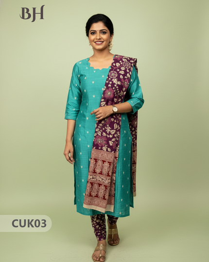 Raw Silk 3-Piece Kurti Set with Cut Work Neck Design in Light Sea Green Colour | Full-Length Lined Kurti with Kalamkari Dupatta
