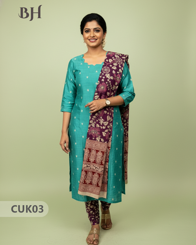 Raw Silk 3-Piece Kurti Set with Cut Work Neck Design in Light Sea Green Colour | Full-Length Lined Kurti with Kalamkari Dupatta