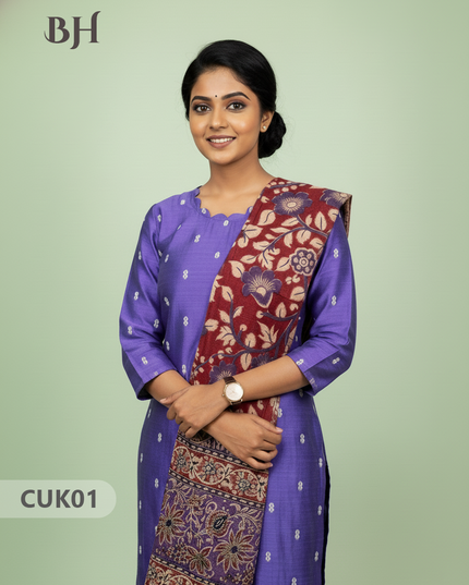 Raw Silk 3-Piece Kurti Set with Cut Work Neck Design in Blue Colour | Full-Length Lined Kurti with Kalamkari Dupatta