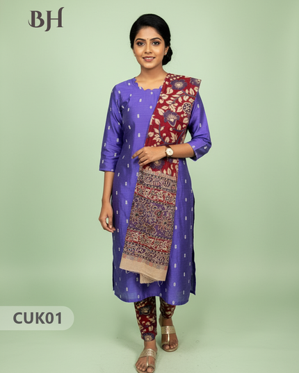 Raw Silk 3-Piece Kurti Set with Cut Work Neck Design in Blue Colour | Full-Length Lined Kurti with Kalamkari Dupatta