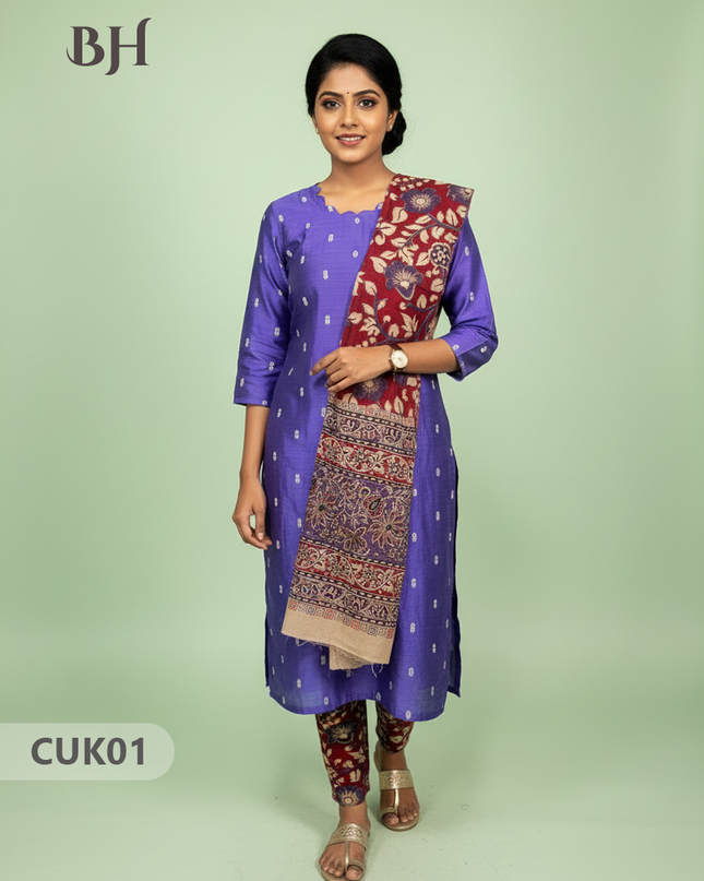 Raw Silk 3-Piece Kurti Set with Cut Work Neck Design in Blue Colour | Full-Length Lined Kurti with Kalamkari Dupatta