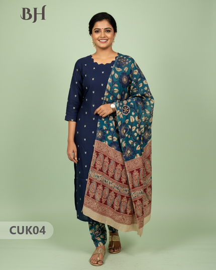 Raw Silk 3-Piece Kurti Set with Cut Work Neck Design in Navy Blue Colour | Full-Length Lined Kurti with Kalamkari Dupatta