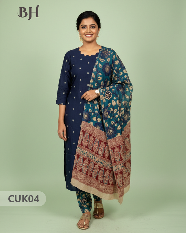 Raw Silk 3-Piece Kurti Set with Cut Work Neck Design in Navy Blue Colour | Full-Length Lined Kurti with Kalamkari Dupatta