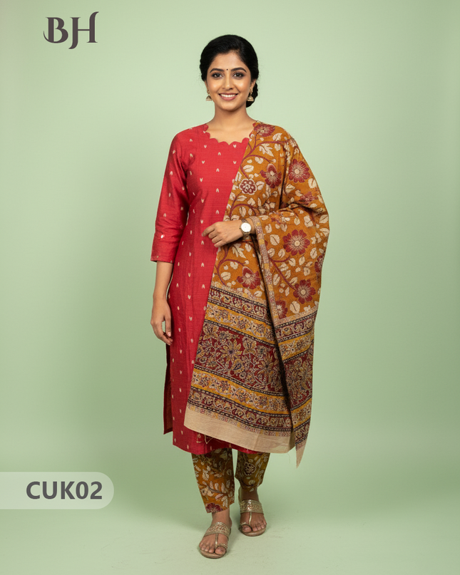 Raw Silk 3-Piece Kurti Set with Cut Work Neck Design in Red Colour | Full-Length Lined Kurti with Kalamkari Dupatta