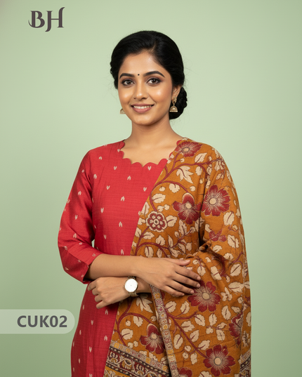 Raw Silk 3-Piece Kurti Set with Cut Work Neck Design in Red Colour | Full-Length Lined Kurti with Kalamkari Dupatta
