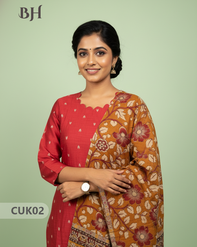 Raw Silk 3-Piece Kurti Set with Cut Work Neck Design in Red Colour | Full-Length Lined Kurti with Kalamkari Dupatta